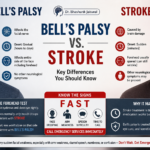 Bell's Palsy vs Stroke infographic showing facial paralysis differences, forehead test, FAST stroke signs, symptoms, and emergency warning by Dr. Shashank Jaiswal.